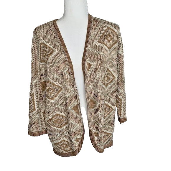 Chicos Womens Cardigan Gold Metallic Ivory Beige Open Front Lightweight Medium - Picture 1 of 9